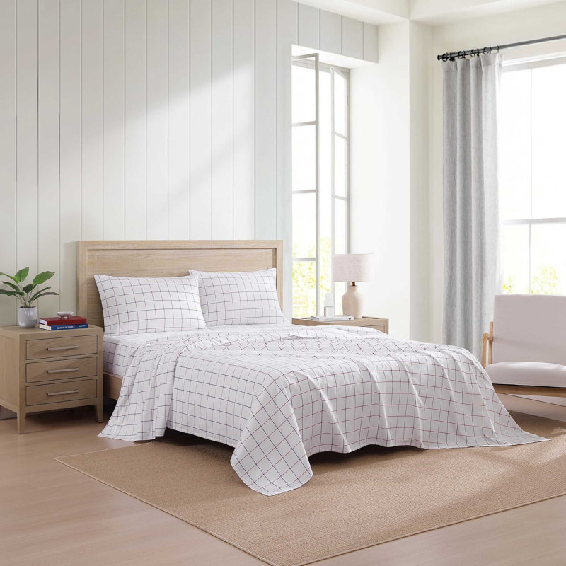 Classic Texture Tommy Hilfiger Printed Percale Cotton Sheet Set, Queen Sheet Set with 2 Pillowcases, Glasgow Windowpane Navy