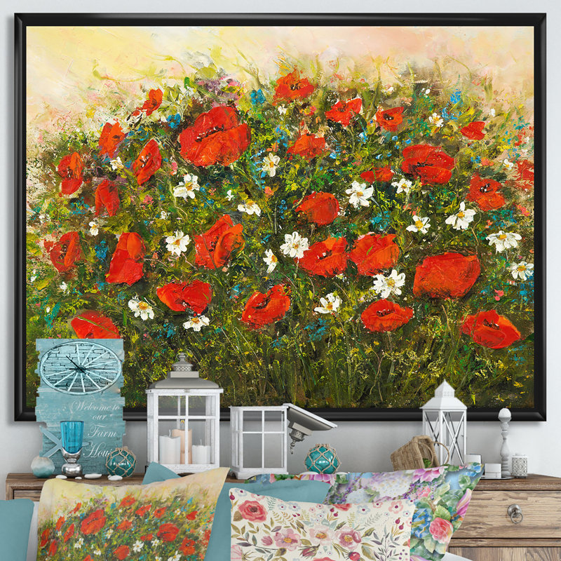 Blossoming Red Flower Fields - reproduction d'art sur toile, H 30 po x l 40 po x 1,5 po, Toile avec cadre noir