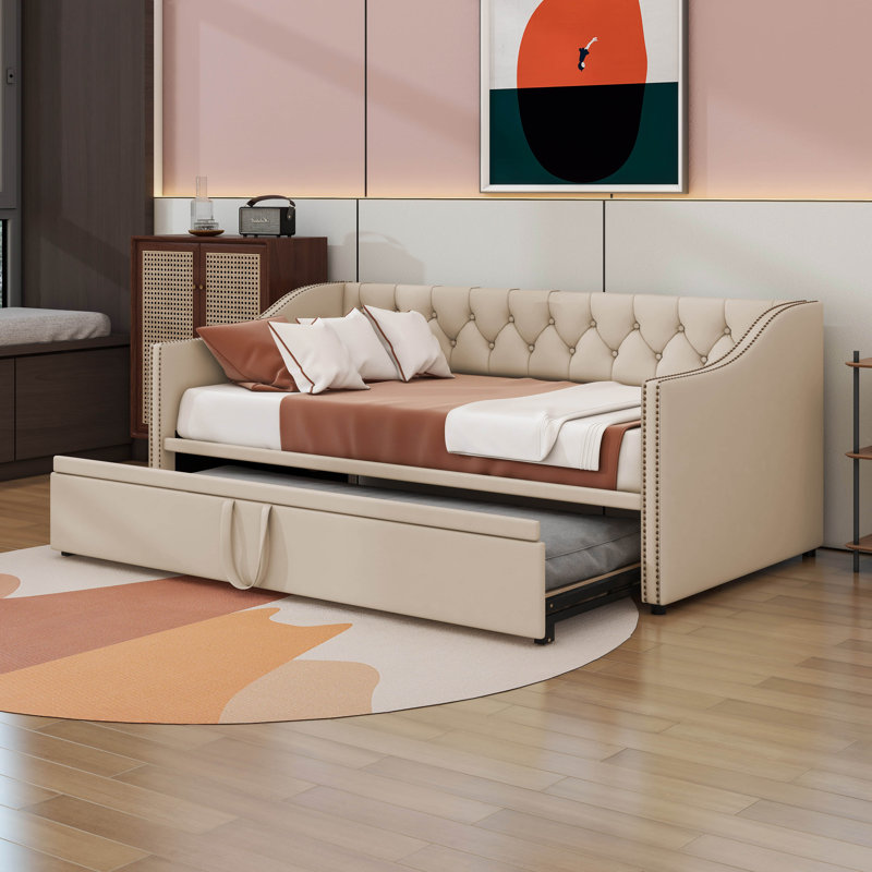 Lit de jour simple rembourré avec lit gigogne, Beige