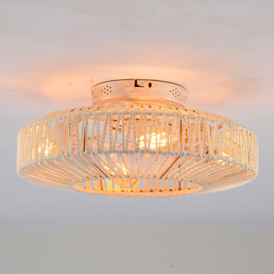 20"  Rope Caged Ceiling Fans With  Remote,  Flush Mount Ceiling Fan With Light, Low Profile Chandelier 6 Speed Dc Motor Reversible Ceiling Fan For  Living Room Bedroom.--Not Included Bulbs-Matte White