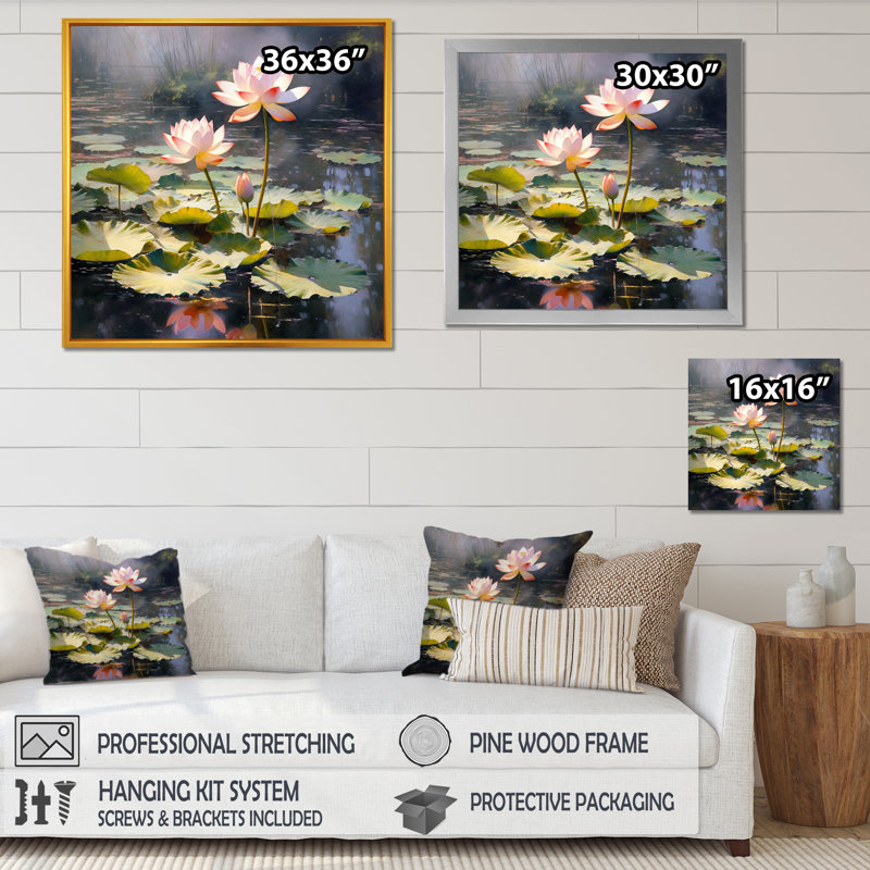 Aquarelle de lotus de sagesse sur toile, Cadre flottant noir, 24" H x 24" W