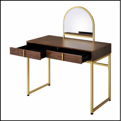 Meuble-lavabo moderne en noyer avec miroir, plateau à bijoux et deux tiroirs pour un rangement et une organisation élégants