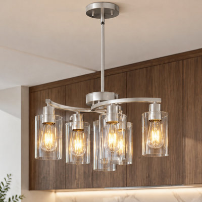 Lustre moderne de style ferme à 6 lumières en nickel de 56 cm (22 po), éclairage pour îlot de cuisine en verre transparent