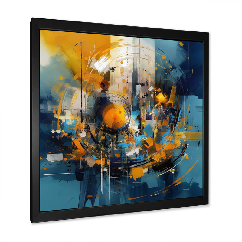 Blewitt, pierre fluide bleue et jaune V sur toile, Cadre photo noir, H 16 po x l 16 po x P 1 po