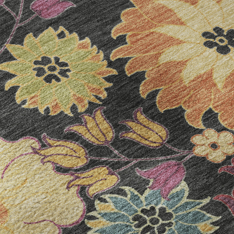 Tapis floral lavable à la machine de qualité supérieure Mayfield, Rond 8 pi, Noir