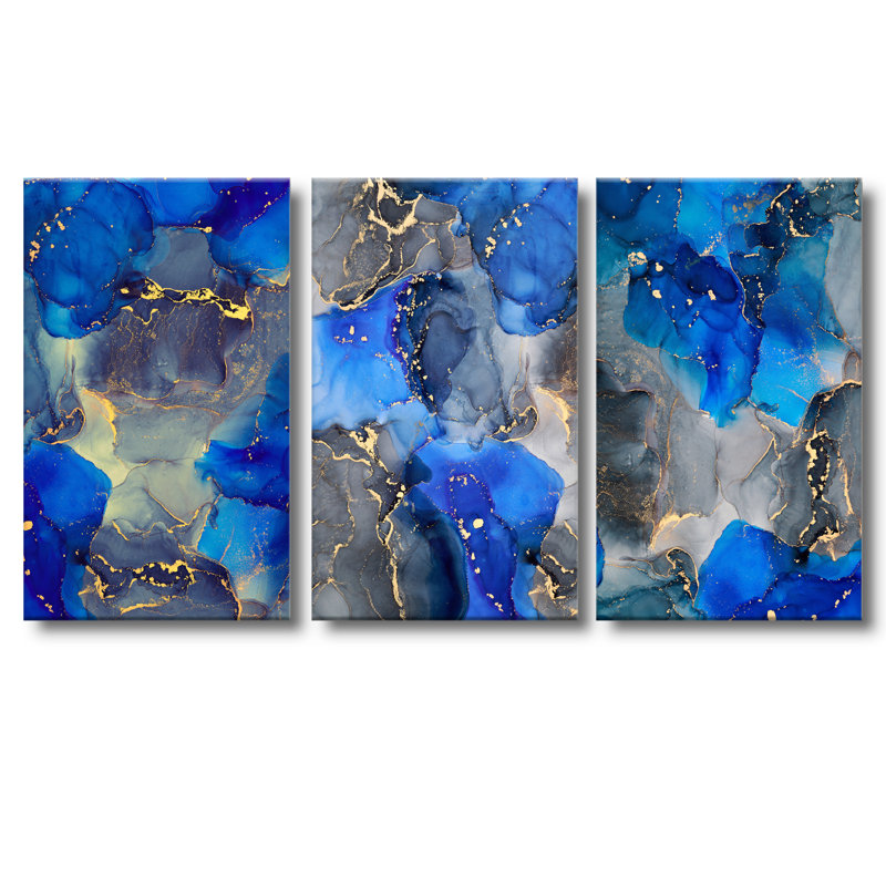 Bleu luxueux, art abstrait fluide, ensemble de 3 pièces d'art moderne, H 20 po x l 36 po x P 1 po