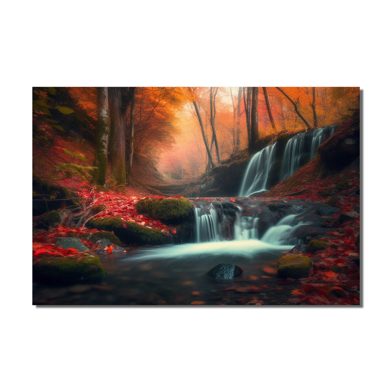 «Waterfall In Fall Forest I - Landscape Mountains», impressions sur toile