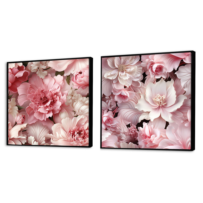 Vernice - Ensemble de 2 collages carrés floraux, H 16 po x l 33 po, Cadre flottant noir