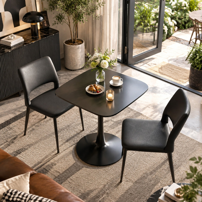 Ensemble de table de bistro contemporaine à pieds en métal et chaises à dossier ajouré lisse, Noir