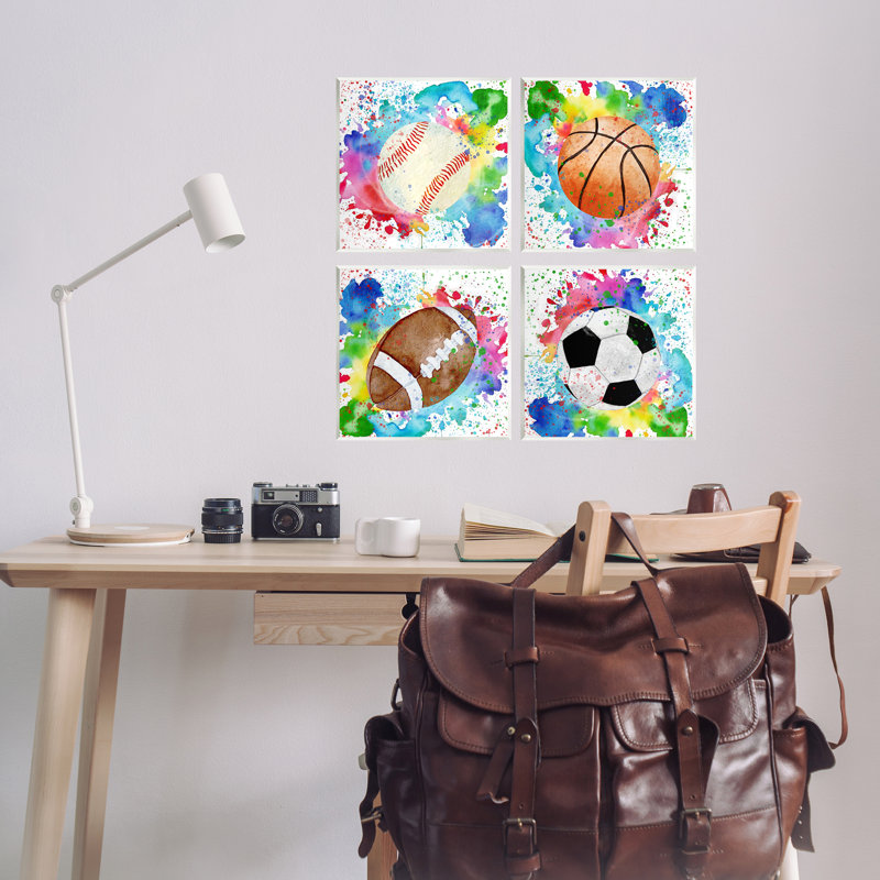 Ensemble de 4 plaques murales Rainbow Splatter Baseball, design par Kim Allen