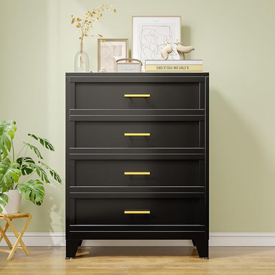Commode pour chambre à coucher, 4 tiroirs de rangement, grande commode de rangement en métal pour vêtements, chambre d'enfant, salon, couloir, entrée (noir)