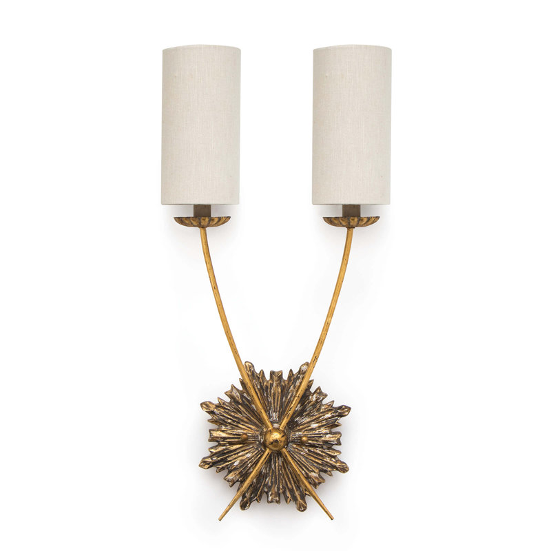 Antique Gold Dual-Light Linen Shade Wall Sconce