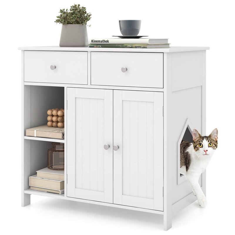 Enceinte de litière pour chat avec 2 tiroirs, portes doubles, tablettes ouvertes, intérieur moderne