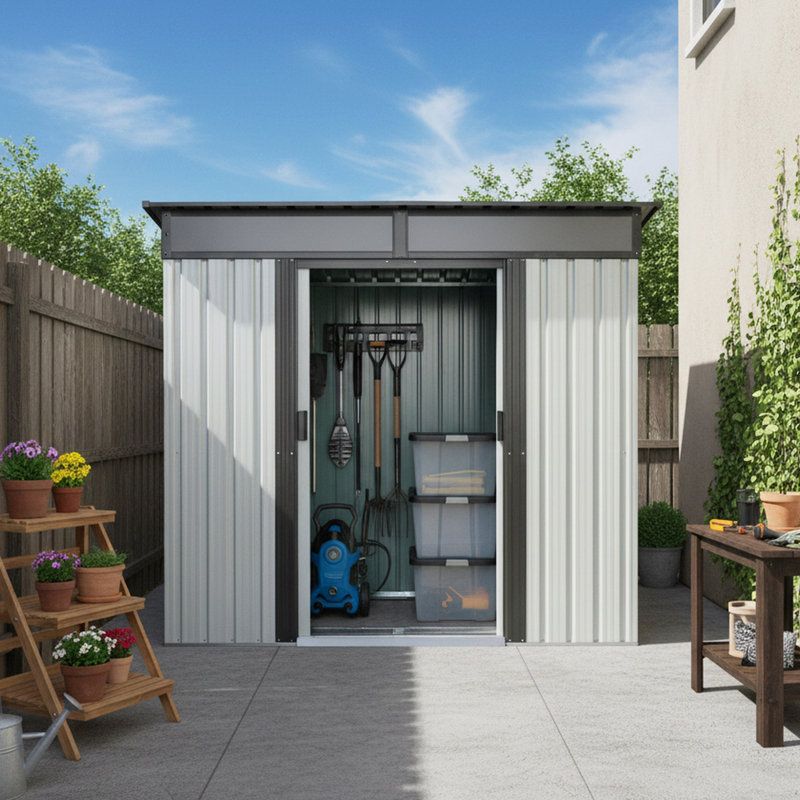 6 ft. x 5 ft. Metal Outdoor Storage Shed with Window & Sloped Roof, 59.5" H x 77" W x 71" D, White