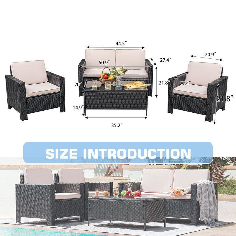 4 - Person Patio Conversation Set with Cushions, Brown, Beige
