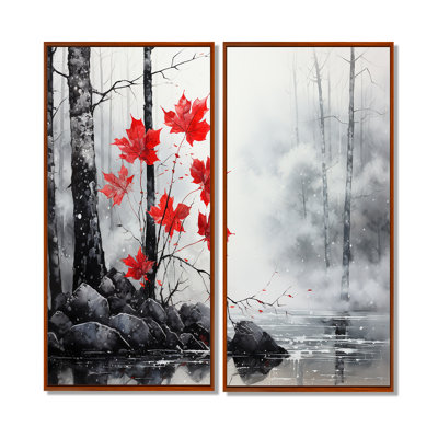 Minimaliste, forêt rouge monochrome II - grande forêt, art mural 2 panneaux