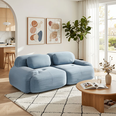 80.3" Corduroy Modular Living Room Set with Deep Seats and Curved Arms, Sky Blue