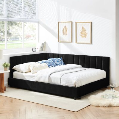 Lit tapissier double avec rembourrage de soutien et tissu en velours noir pour le salon de la chambre à coucher Lit de jour de style Mid-Century, revêtement doux