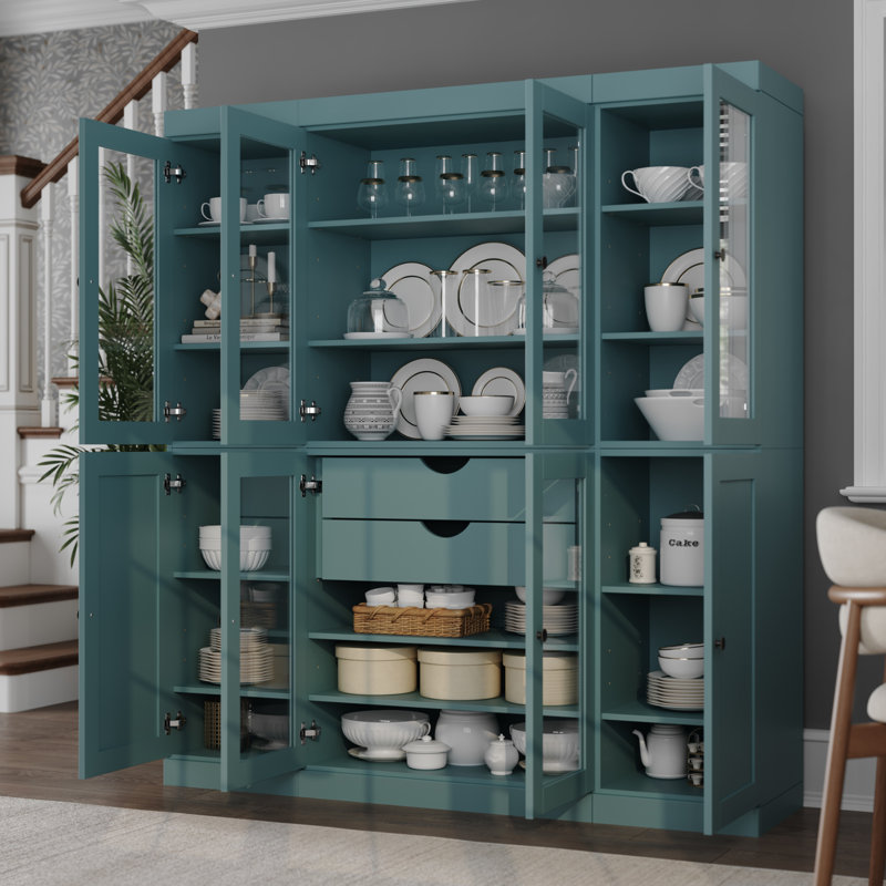 Vaisselier 100% bois massif 65 po avec verre transparent, portes Shaker, 2 tiroirs et tablettes réglables, Bleu aqua