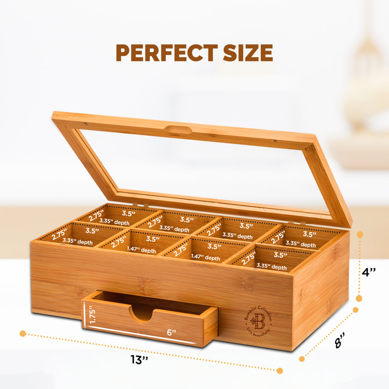 Organisateur de boîte à thé en bambou avec tiroir - coffre de rangement en bois à 8 compartiments, fenêtre en acrylique transparent et couvercle magnétique, rangement élégant sur le comptoir