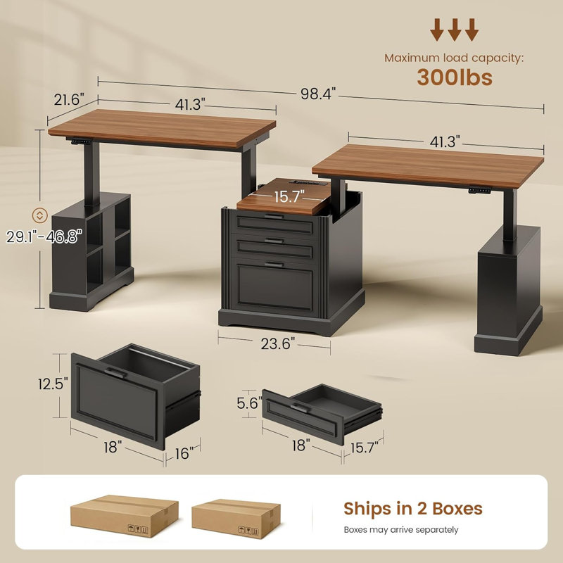  Cataleta 98.4'' Standing Office Desk Farmhouse Computer Desk with Power Outlets, Brown/Black