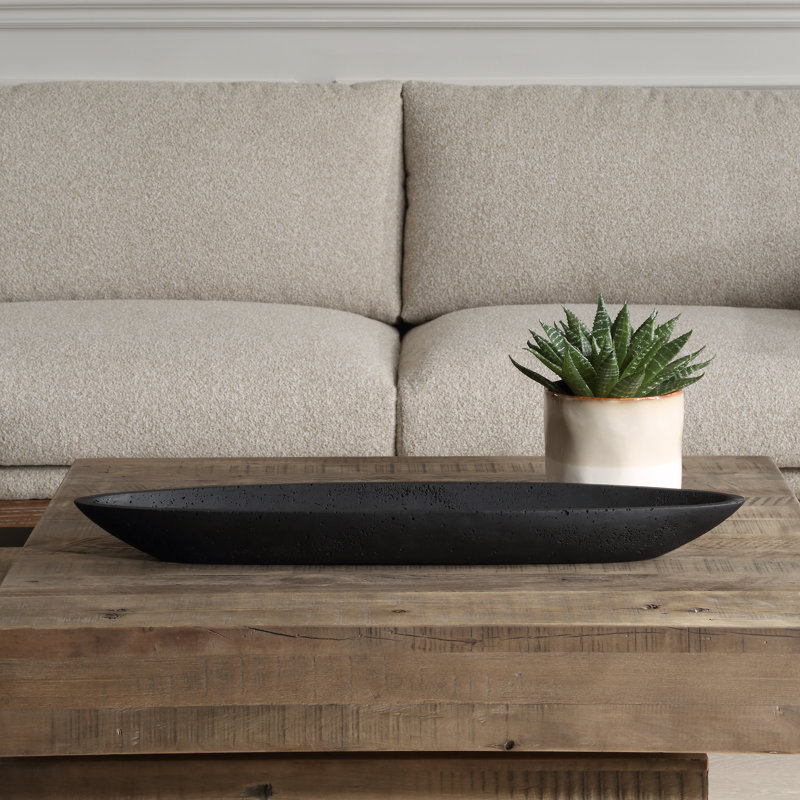 Black Oval Cast Stone Canoe Bowl with Stand