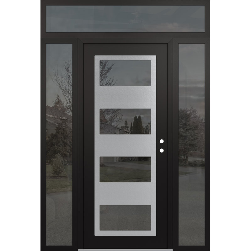 Panneau d'entrée en acier argenté noir / noir avec 2 panneaux latéraux et porte d'entrée avant suspendue à traverse, Gauche