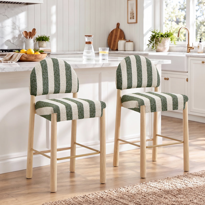 Hyland Upholstered 26.4'' Linen Counter Stool With Solid Wood Frame, Natural, Green/White