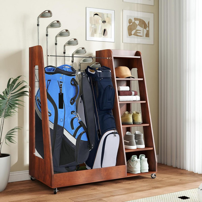 Organisateur de sac de golf en bois brun de qualité supérieure - peut contenir 2 sacs de golf et 5 chaussures, un support de rangement mobile avec roues verrouillables pour le garage, le sous-sol et le coffre de voiture