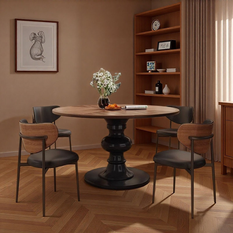 Table de salle à manger ronde française rétro, noyer durable, 5 pièces: table, 4 chaises, H 29,5 po x l 39,4 po x P 39,4 po