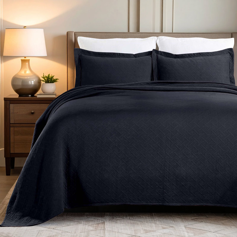 The Blue Nile Mills Basketweave Cotton Matelasse Bedspread And Pillow Sham Set, Full Bedspread + 2 Standard Shams, Navy Blue
