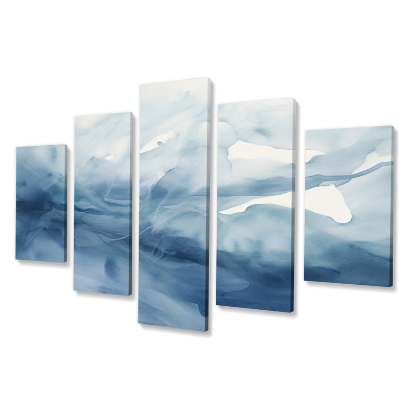 Aquarelle bleu et blanc dansant nuages - décoration murale abstraite - 5 panneaux