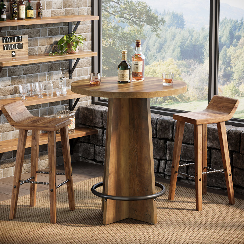 Table de bar ronde, table bistro en bois de 37,4 po de hauteur avec base à piédestal et repose-pieds en métal, Brown