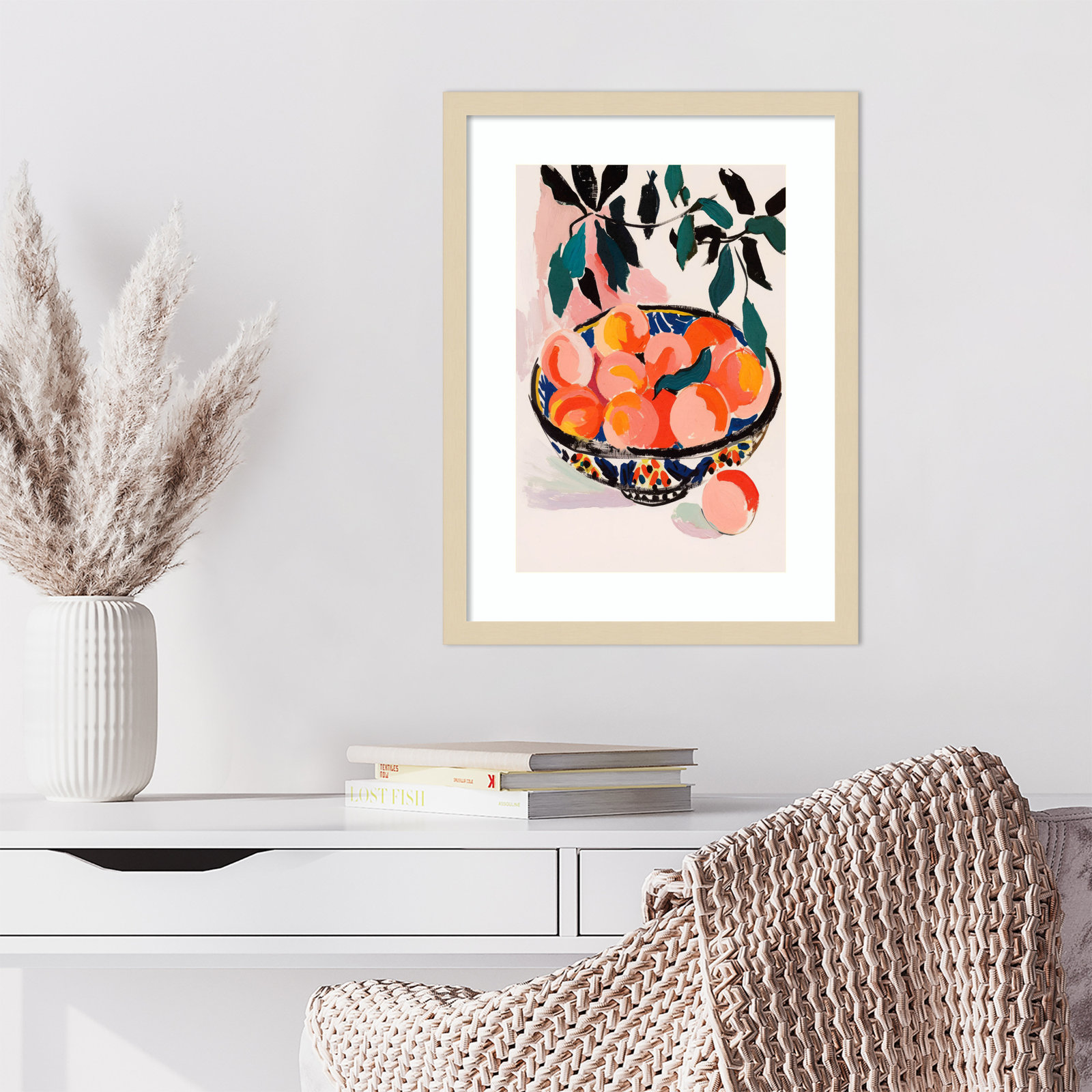 Ottilie "Fresh Peach Fruit Bowl" Print, Brown Framed, 21" H x 16" W