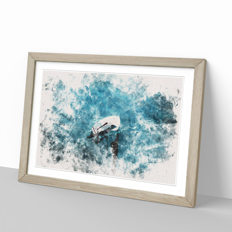 Scow Boat out Sailing Watercolour - Picture Frame Graphic Art, 36cm H x 48cm W x 2cm D, Oak