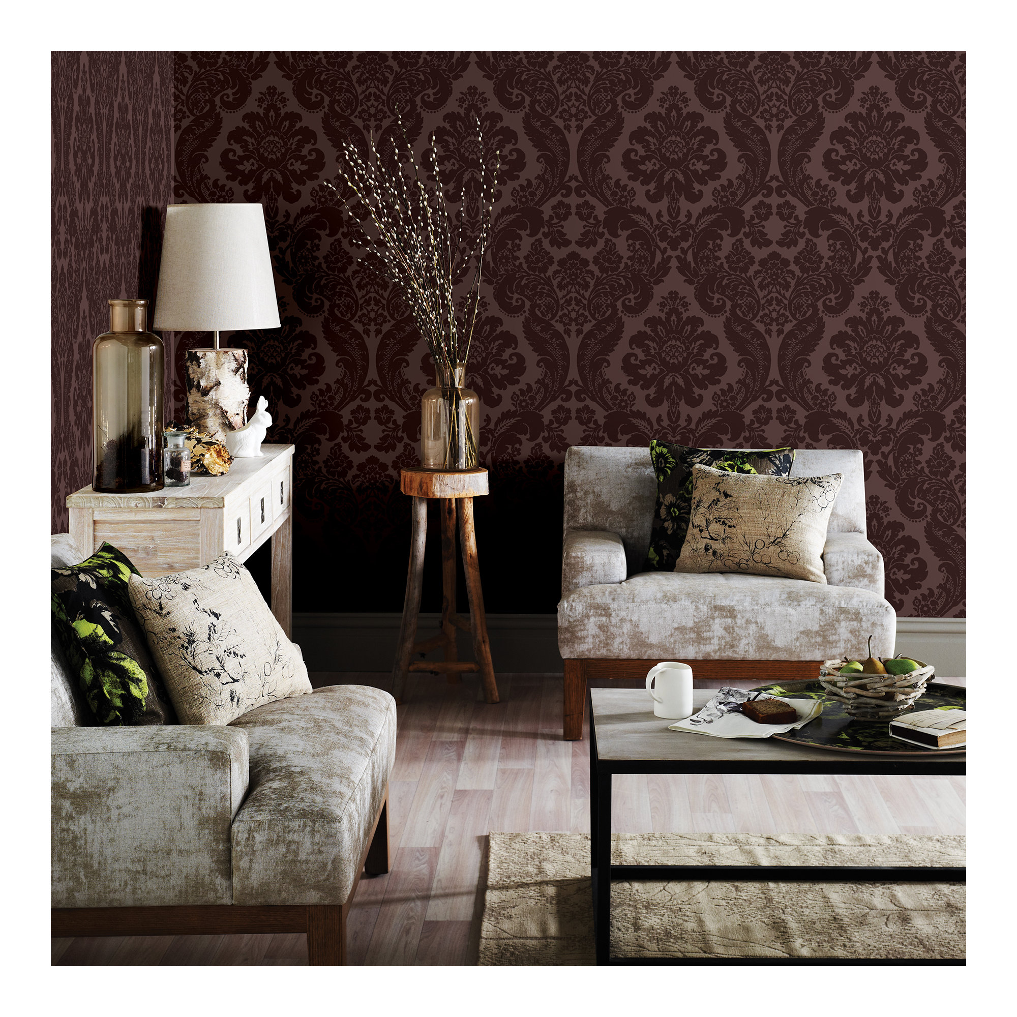 Melvin Damask Wallpaper, Merlot