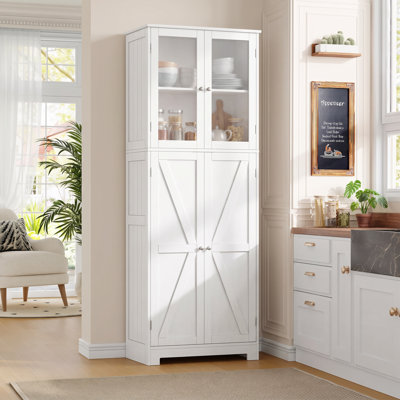 Garde-manger à porte en rotin autoportante de 73 po avec porte-bouteilles amovible Ashlon, blanc, 3 tiroirs, blanc
