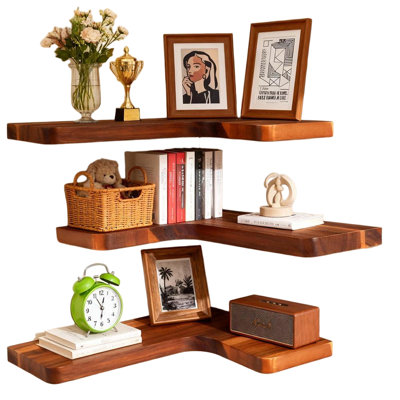 Ensemble de 3 tablettes flottantes en coin, ensemble de 3 tablettes murales en bois massif (acacia, 3 pièces)