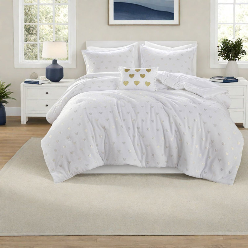 Ensemble de literie luxueux blanc métallique et doré, édredon simple en peluche avec coussin décoratif