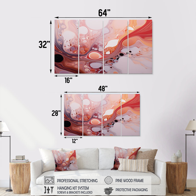 Encre liquide rose abstraite galaxie III - ensemble d'art mural abstrait encre liquide 4 pièces, H 28 po x l 48 po