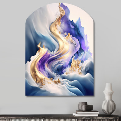 «Blue and Gold Splash Paint III - Abstract Spirals Arch», art mural en métal bleu asymétrique