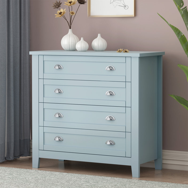 Commode Candelas avec 4 tiroirs, buffet Buffet avec tiroirs et poignée coquille rétro, Bleu grisâtre