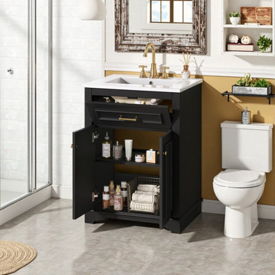 24" Bathroom Vanity With Ceramic Sink, 2-Door Cabinet For Small Bathrooms