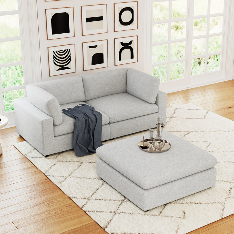 Canapé modulaire en chenille avec repose-pieds 3 pièces de 77,2 po Odai, Chenille crème