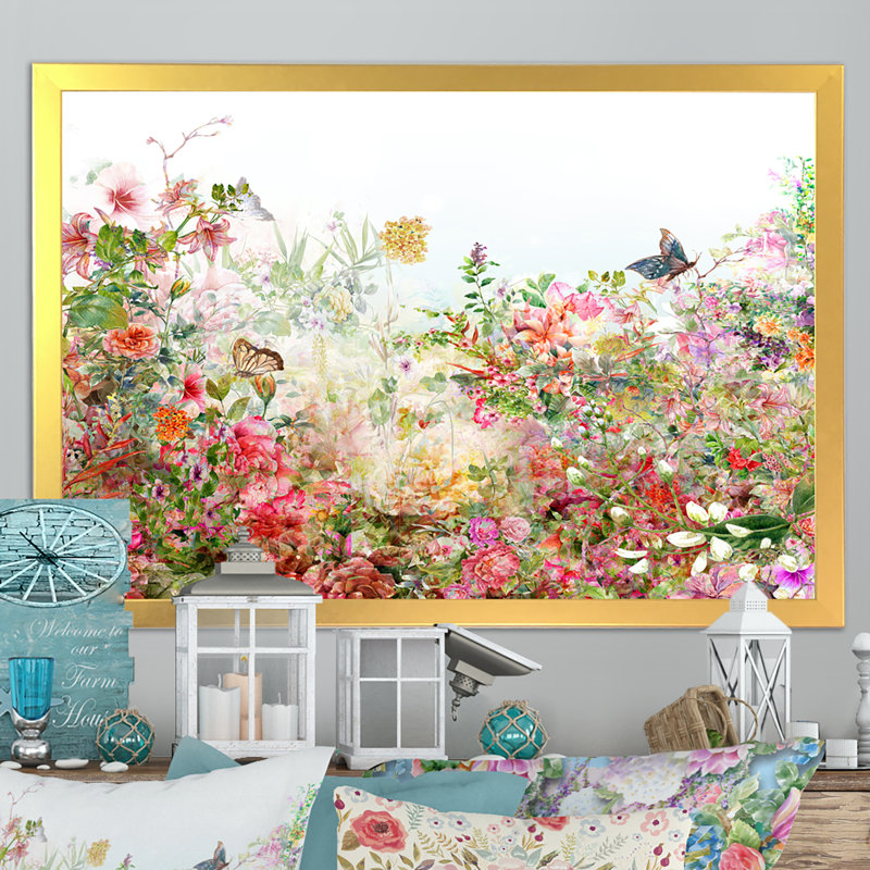 Rétro fleurs multicolores printanières VI - reproduction encadrée sur toile, H 24 po x l 36 po x P 1 po, Cadre doré
