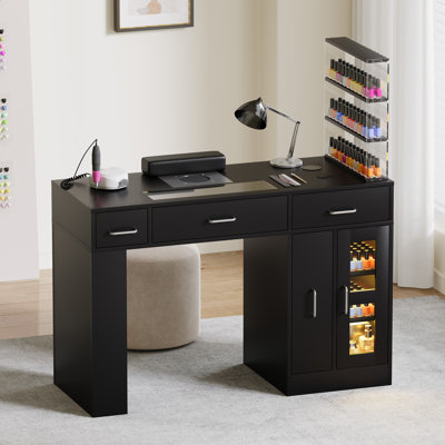 Table de manucure professionnelle avec vitrine, charge sans fil et bandes lumineuses à DEL, bureau à clous ergonomique avec collecteur de poussière et coussin chauffant