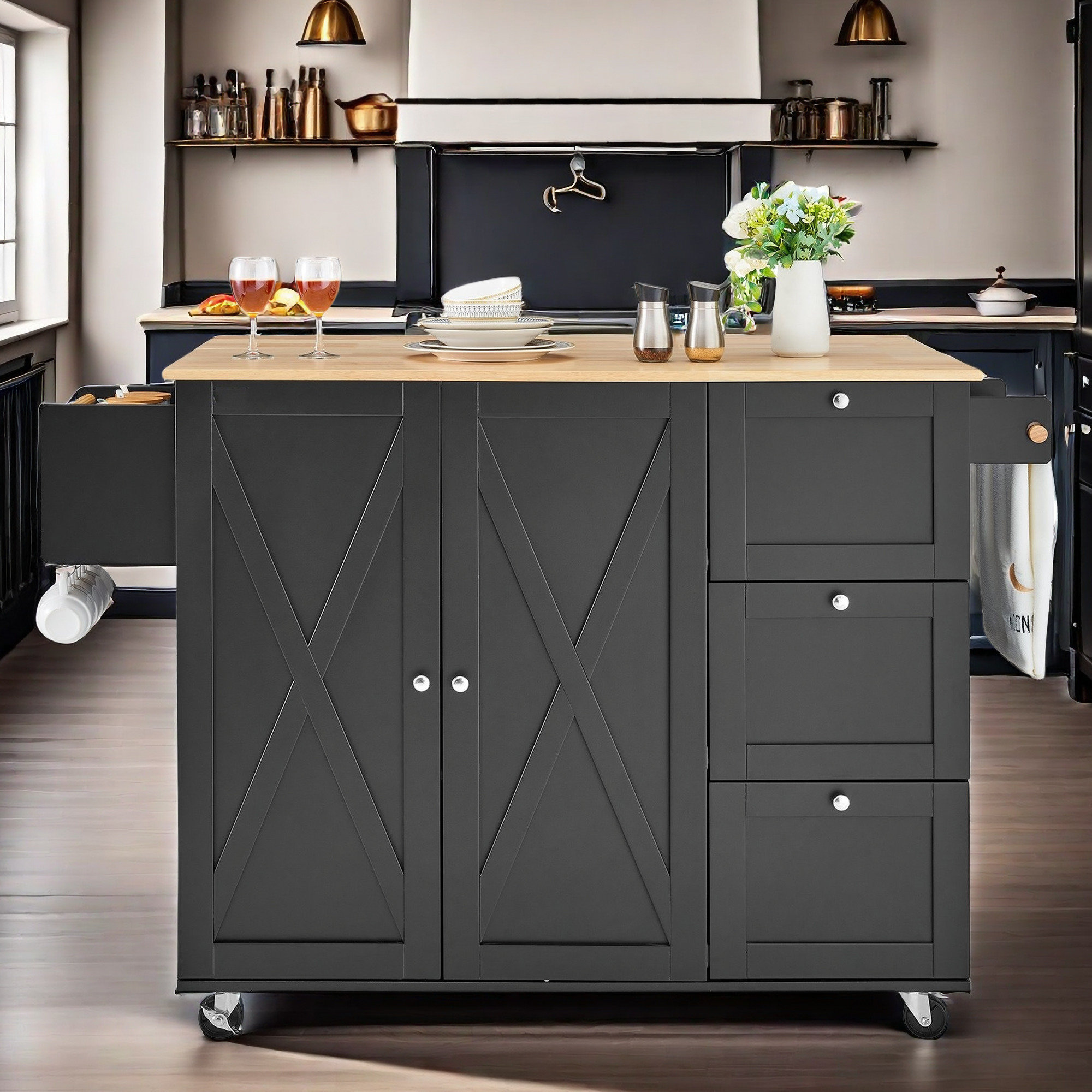 Breakwater Bay Farmhouse Kitchen Island With Wheels, Drop Leaf