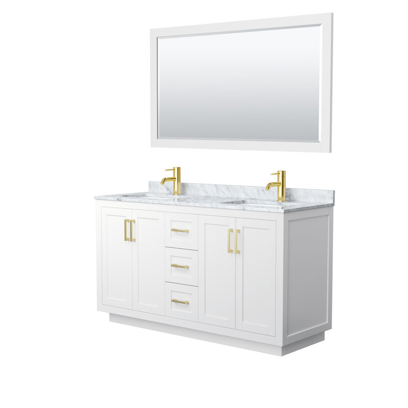 Miranda 60" Freestanding Double Bathroom Vanity with Marble Top with 58" Mirror, White, Brushed Gold