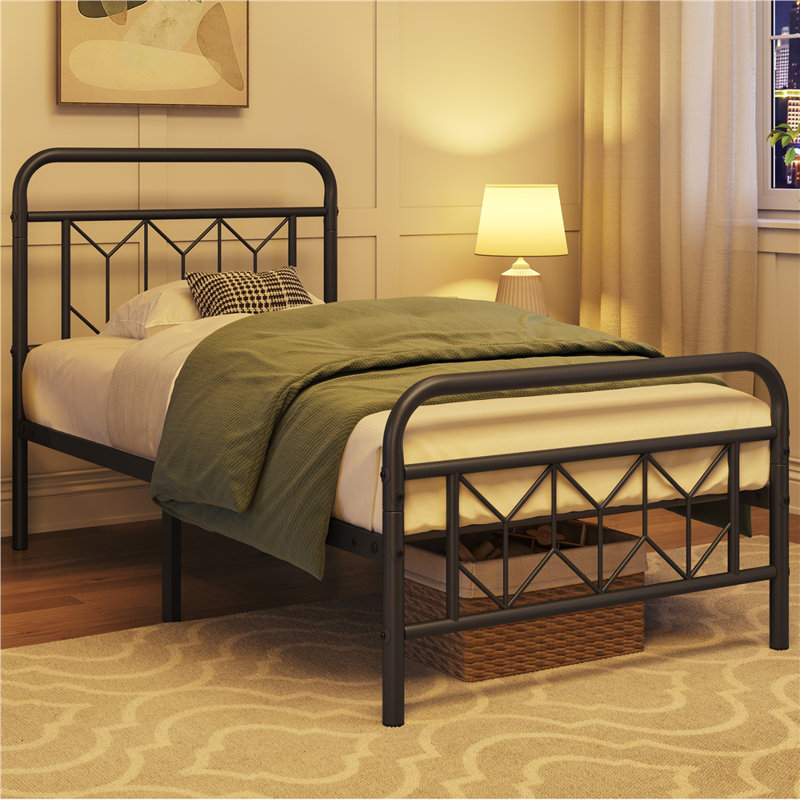 Modern Metal Bed Frame with Vintage Headboard, Single (3'), Black