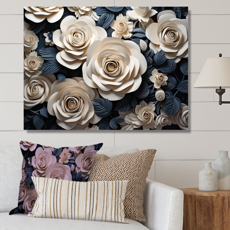 «Blue and White Roses Moonlight Grace», reproduction sur toile, Toile tendue, H 24 po x l 32 po x P 1 po